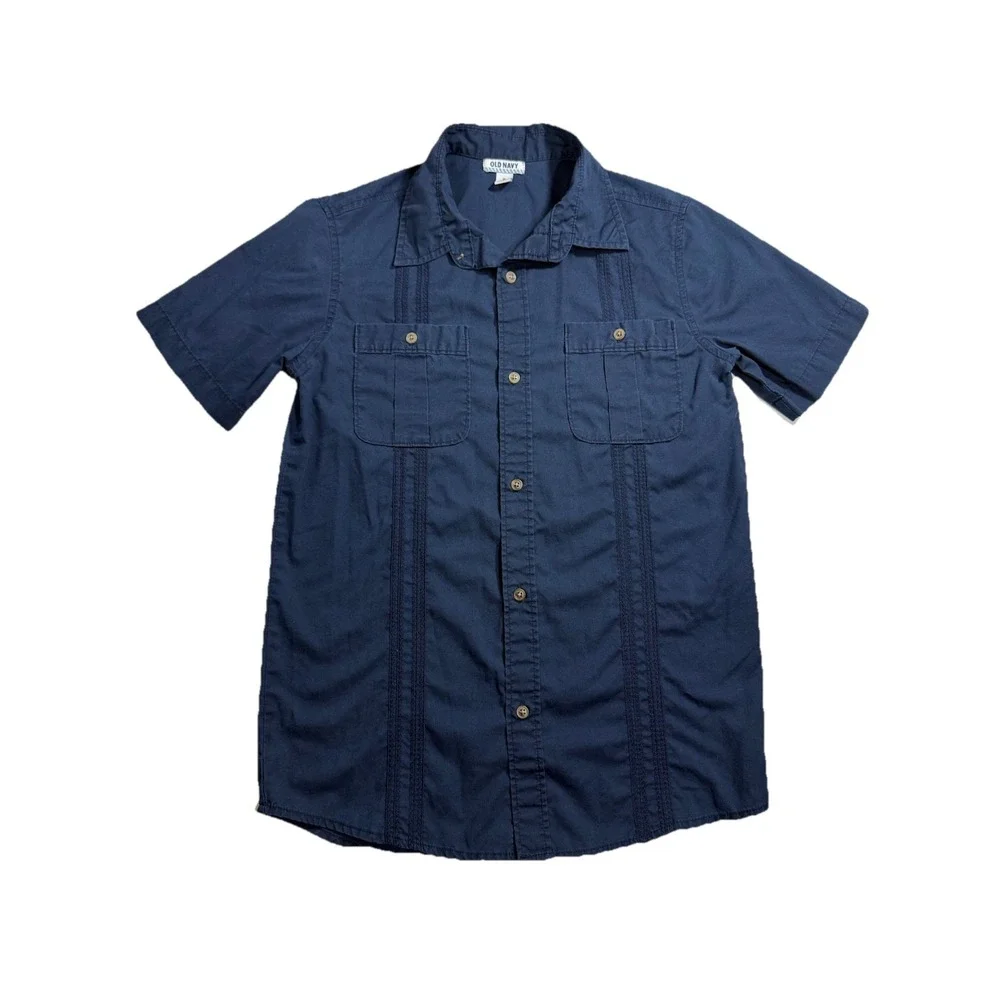 Old Navy Boys Navy Blue Short Sleeve Guayabera Embroidered Button Down Shirt XL